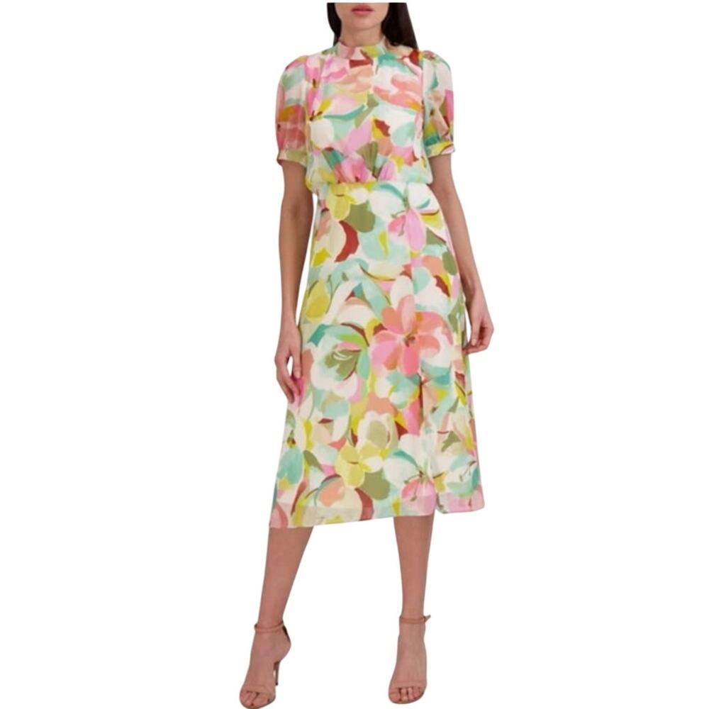 Julia Jordan Floral Puff Sleeve Midi Dress Chiffon Watercolor Women’s 10 NWT